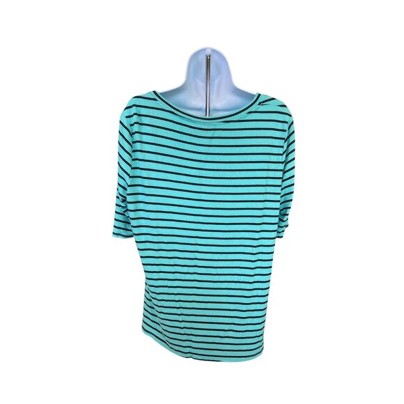 Apt 9 Asymmetrical Top PXL Striped Turquoise Black Short Sleeve Lightweight - Picture 2 of 7